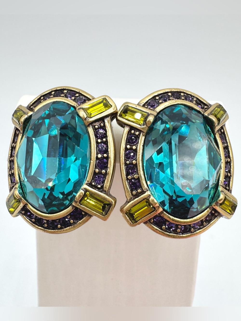 Heidi Daus "Bold & Beautiful" Crystal Button Earring Teal Green Purple Omega